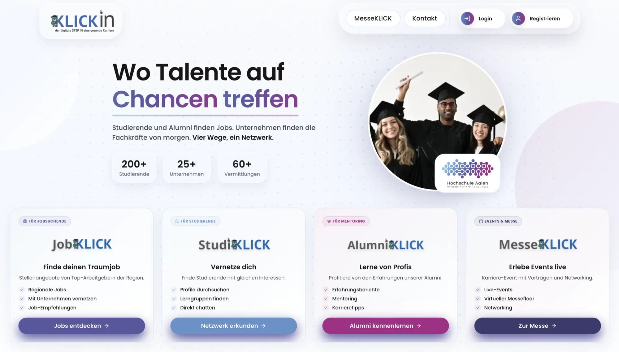 Screenshot der Startseite von klick-in.de mit Stellenbörse, Studierendenprofilen und virtueller Messe